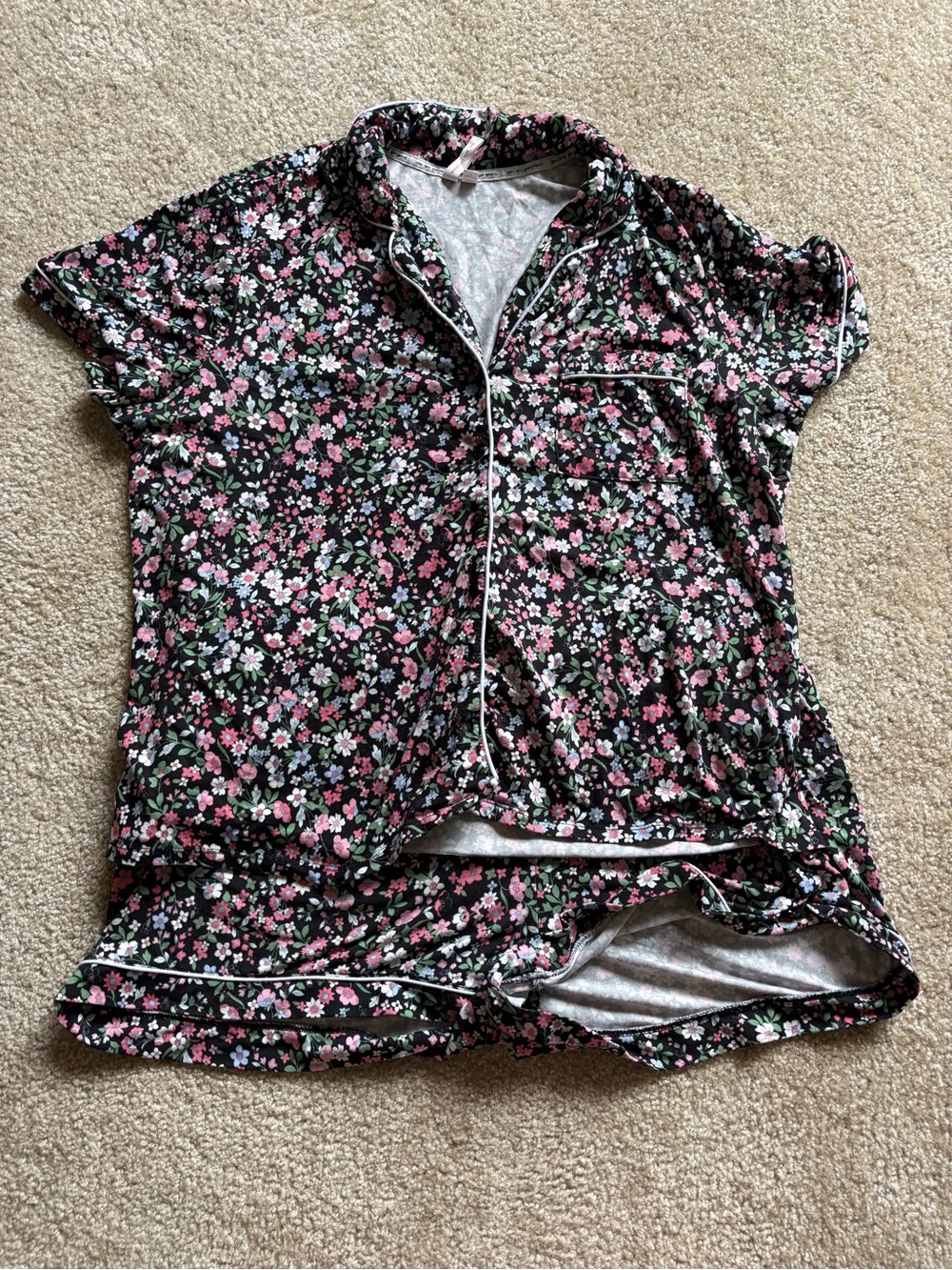 Floral Short Sleeve Pajama Set - Pink Floral on Black